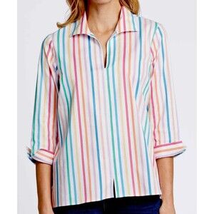 Ali Miles Rainbow Stripes Tunic Top Blouse Womens Size Large Colorful 3/4 Sleeve